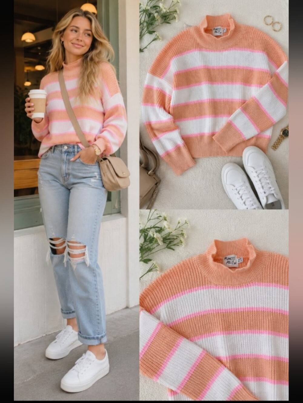 Princess Polly Orange Pink White Striped Oversized Turtleneck Sweater 8 Medium